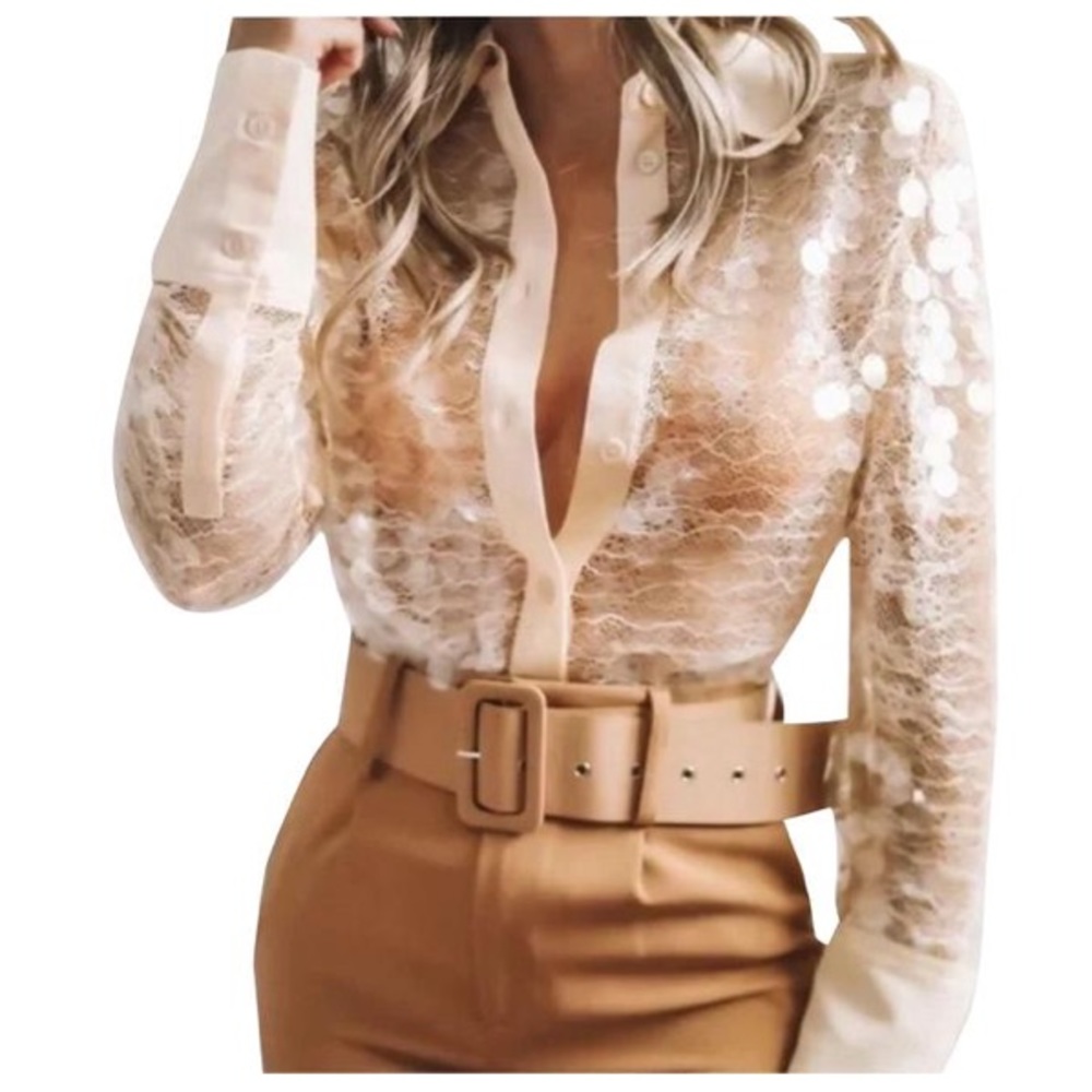 Zara Sequin Button Down semi sheer Cream Shirt Top sz.XS
